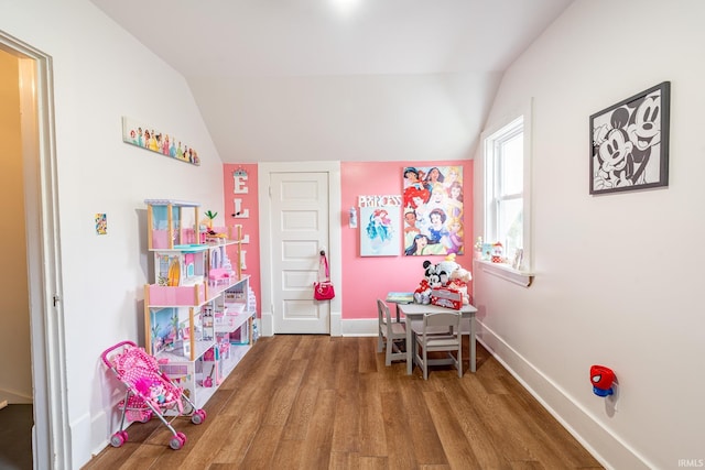 1471 Vernon St, Wabash, IN 46992 - recreation room featuring wood finished floors, vaulted ceiling, and baseboards