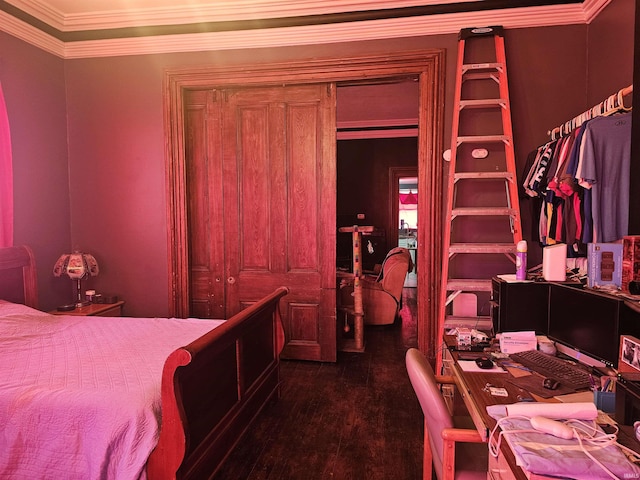 58 E 5th St, Peru, IN 46970 - bedroom with dark wood-style floors, ornamental molding, and an office area