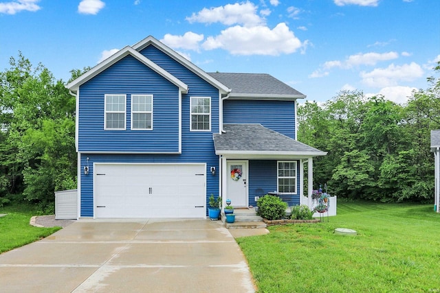 7228 W Mustang Dr, Ellettsville, IN 47429 - view of front of property with concrete driveway, a garage, a front yard, a shingled roof, and covered porch