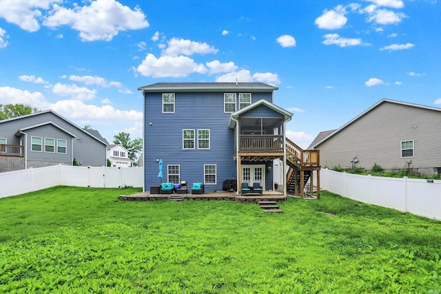 7228 W Mustang Dr, Ellettsville, IN 47429 - rear view of property featuring a sunroom, stairway, a patio, and french doors