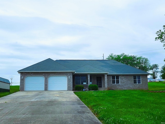 104 Leatherwood Creek Ests, Bedford, IN 47421 - ranch-style house with a garage, concrete driveway, a front lawn, and brick siding