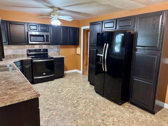 815 3rd St, Huntingburg, IN 47542 - kitchen with black appliances, ceiling fan, decorative backsplash, and baseboards