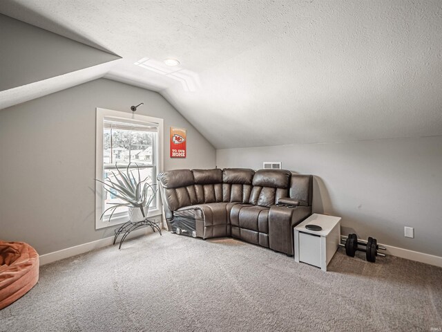 9920 Blyth Dr, Evansville, IN 47725 - carpeted living area with vaulted ceiling, baseboards, and a textured ceiling