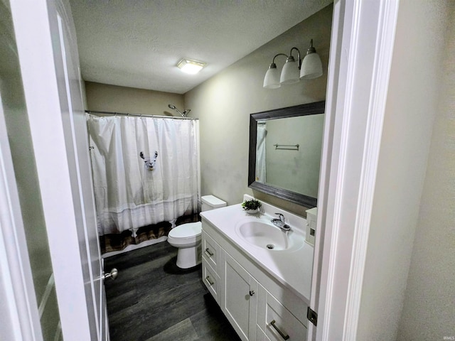 405 Ariel Dr, Kokomo, IN 46901 - bathroom with toilet, vanity, wood finished floors, a textured ceiling, and a shower with curtain