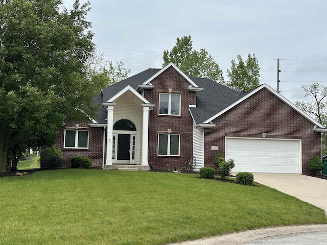 7019 Tree Top Trl, Fort Wayne, IN 46845 - traditional-style home featuring brick siding, an attached garage, driveway, a front yard, and a shingled roof