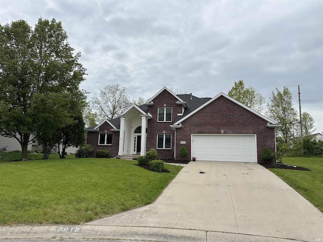 7019 Tree Top Trl, Fort Wayne, IN 46845 - traditional-style home with brick siding, a garage, a front lawn, and concrete driveway