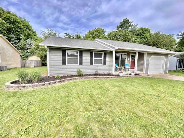 305 N Maude Dr, Rossville, IN 46065 - ranch-style home with covered porch, a garage, driveway, central AC unit, and roof with shingles