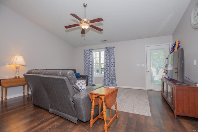 12908 Mattison Ct, Evansville, IN 47725 - living area with a ceiling fan, dark wood-style flooring, lofted ceiling, and baseboards