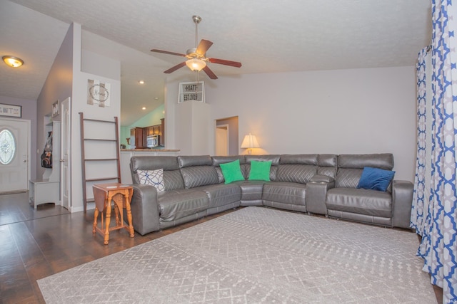 12908 Mattison Ct, Evansville, IN 47725 - living room with lofted ceiling, a ceiling fan, wood finished floors, and baseboards