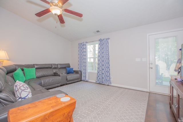 12908 Mattison Ct, Evansville, IN 47725 - living area with lofted ceiling, ceiling fan, baseboards, and wood finished floors