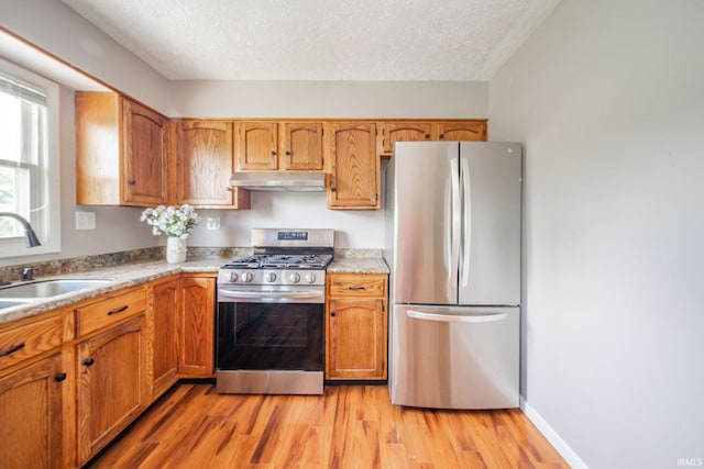 6863 W Jennifer Ct, Greenfield, IN 46140 - kitchen with appliances with stainless steel finishes, under cabinet range hood, a sink, light wood-type flooring, and a textured ceiling