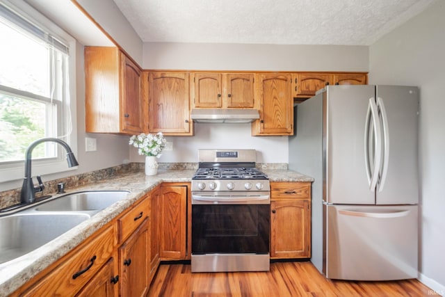 6863 W Jennifer Ct, Greenfield, IN 46140 - kitchen with stainless steel appliances, under cabinet range hood, a sink, light wood finished floors, and a textured ceiling