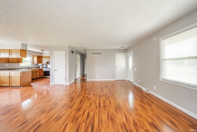 6863 W Jennifer Ct, Greenfield, IN 46140 - unfurnished living room featuring a textured ceiling, light wood-type flooring, baseboards, and a sink
