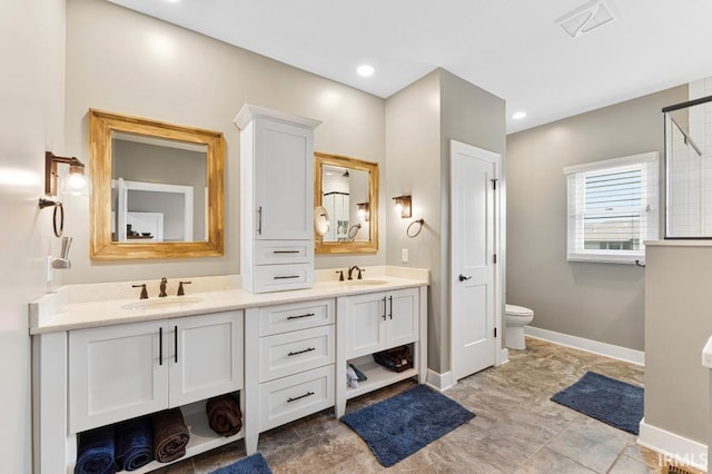 2696 Maraquita Ct, Fort Wayne, IN 46845 - bathroom with double vanity, toilet, baseboards, and a tile shower