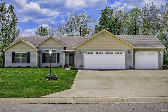 229 Ironwood Ln, Ossian, IN 46777 - ranch-style home featuring an attached garage, concrete driveway, a front lawn, and a shingled roof