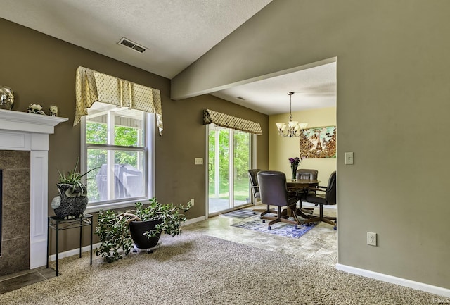 229 Ironwood Ln, Ossian, IN 46777 - office area featuring a chandelier, baseboards, vaulted ceiling, and a textured ceiling