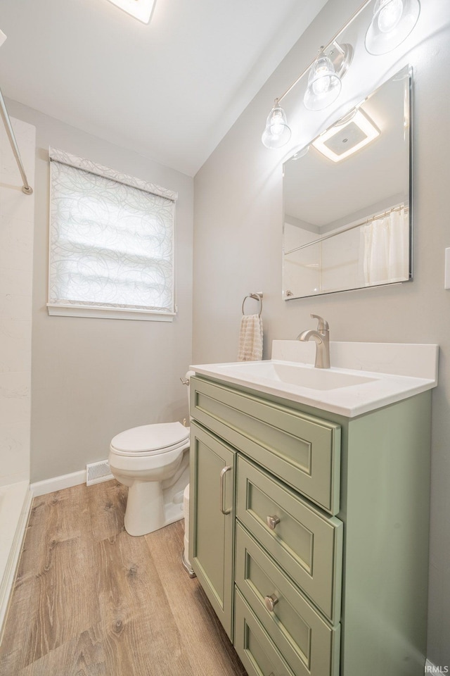 902 Hawthorne Ln, Logansport, IN 46947 - bathroom featuring vanity, toilet, wood finished floors, and a shower with shower curtain