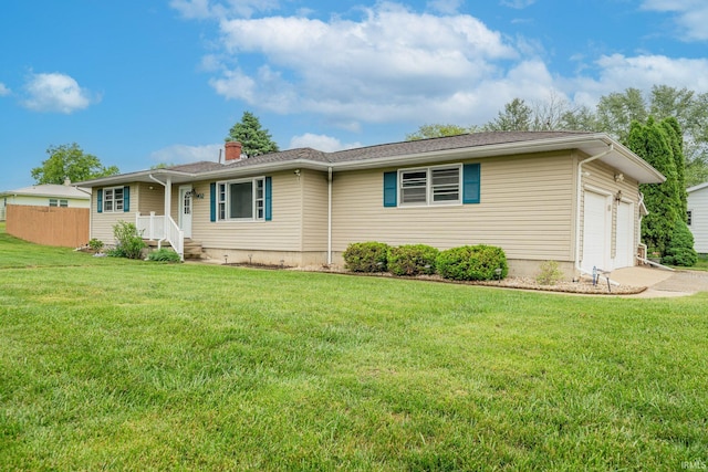 902 Hawthorne Ln, Logansport, IN 46947 - ranch-style house with concrete driveway, a chimney, an attached garage, and a front lawn