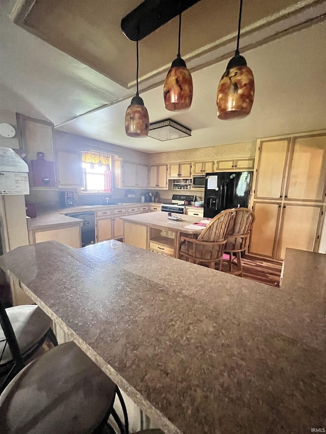 12537 E 340 S, Greentown, IN 46936 - kitchen with stainless steel microwave, black fridge with ice dispenser, white gas range oven, a kitchen bar, and decorative light fixtures