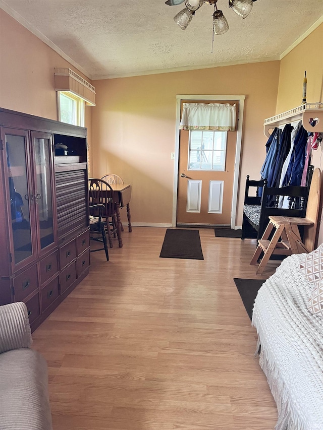 12537 E 340 S, Greentown, IN 46936 - bedroom with multiple windows, crown molding, a textured ceiling, light wood-type flooring, and baseboards