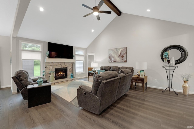 15332 Annabelle Pl, Leo, IN 46765 - living room featuring beamed ceiling, a ceiling fan, high vaulted ceiling, wood finished floors, and baseboards