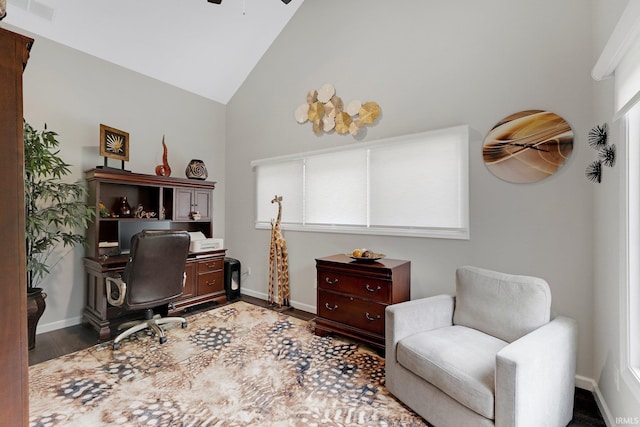 15332 Annabelle Pl, Leo, IN 46765 - home office featuring high vaulted ceiling, ceiling fan, wood finished floors, and baseboards