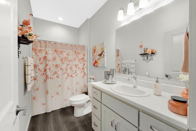 15332 Annabelle Pl, Leo, IN 46765 - full bathroom with vanity, wood finished floors, toilet, and a shower with shower curtain