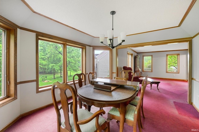2711 Spring Creek Dr, Fort Wayne, IN 46808 - dining room featuring carpet, healthy amount of natural light, a chandelier, baseboards, and crown molding