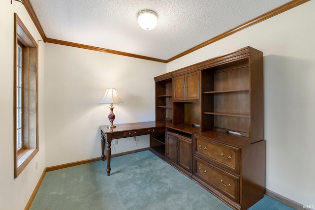 2711 Spring Creek Dr, Fort Wayne, IN 46808 - unfurnished office with a textured ceiling, baseboards, built in desk, carpet flooring, and ornamental molding