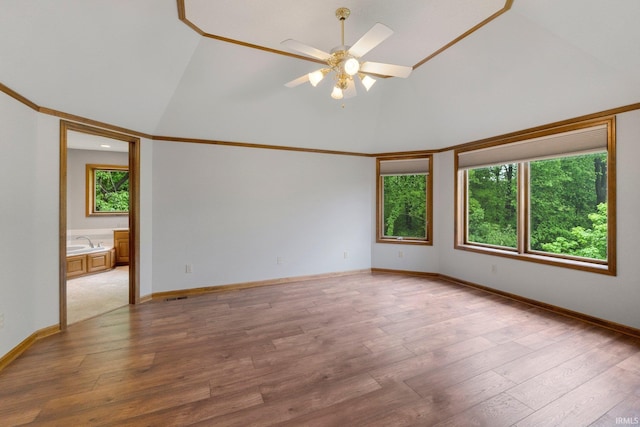2711 Spring Creek Dr, Fort Wayne, IN 46808 - empty room with high vaulted ceiling, healthy amount of natural light, ceiling fan, and light wood-style flooring