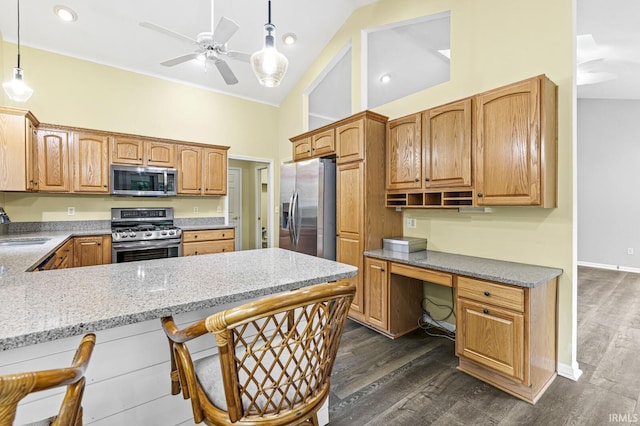 1224 Foxglove Ct, Mishawaka, IN 46545 - kitchen featuring stainless steel appliances, a sink, dark wood-type flooring, a ceiling fan, and pendant lighting