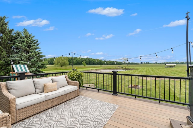 65600 Ash Rd, Wakarusa, IN 46573 - wooden deck featuring an outdoor living space and a lawn