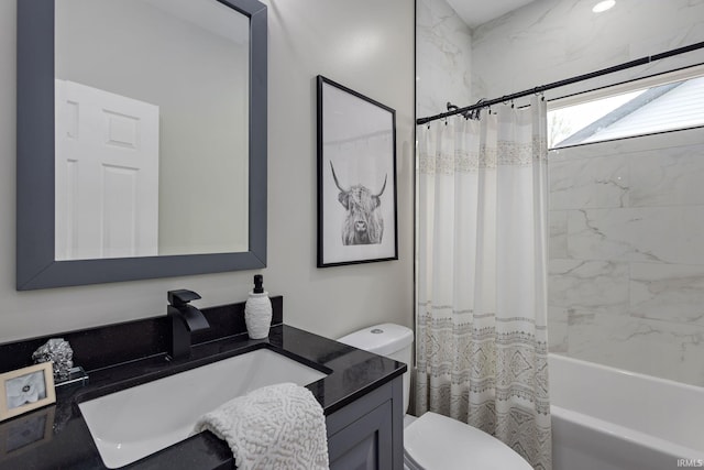 51650 Prescott Ave, South Bend, IN 46637 - bathroom with toilet, vanity, and shower / bathtub combination with curtain