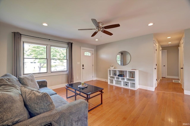 3231 N Kingsley Dr, Bloomington, IN 47404 - living room with ceiling fan, baseboards, light wood-style flooring, and recessed lighting