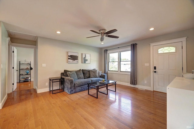 3231 N Kingsley Dr, Bloomington, IN 47404 - living area with a ceiling fan, light wood finished floors, recessed lighting, baseboards, and attic access