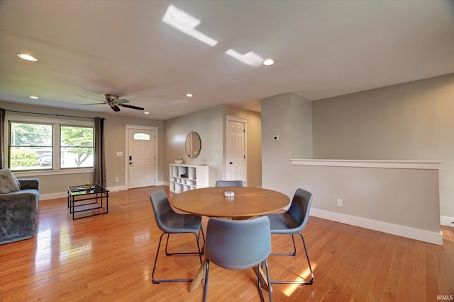 3231 N Kingsley Dr, Bloomington, IN 47404 - dining area featuring baseboards, a ceiling fan, recessed lighting, and light wood-style flooring