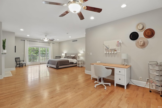 bedroom with access to outside, light wood-style flooring, recessed lighting, and baseboards