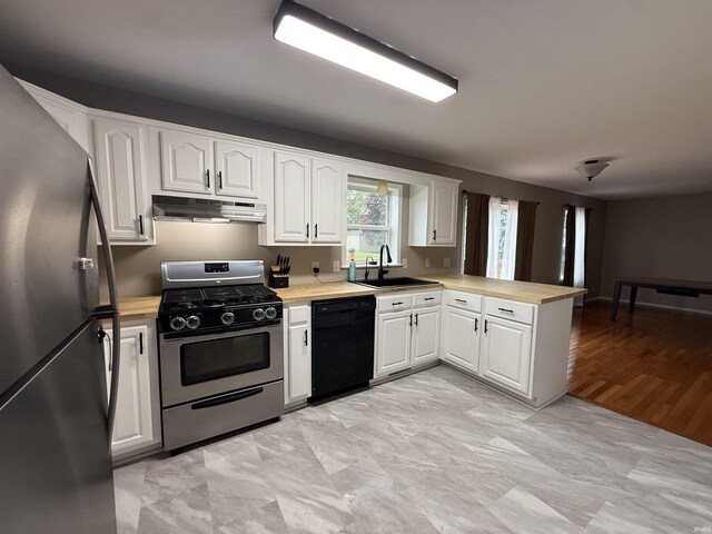 37 Ems D22A Ln, Syracuse, IN 46567 - kitchen with appliances with stainless steel finishes, a sink, under cabinet range hood, a peninsula, and white cabinetry
