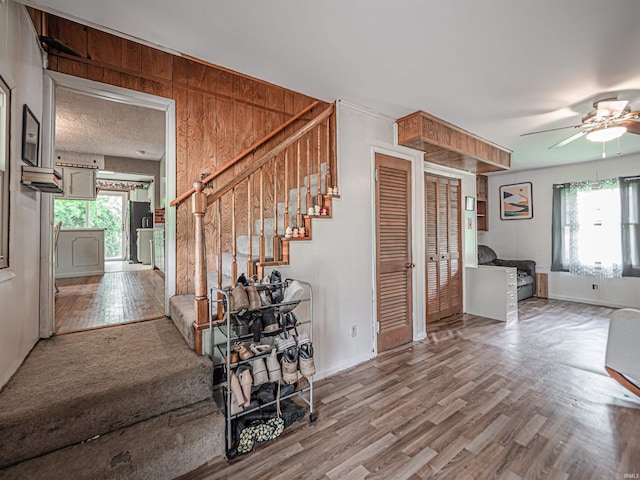 210 S E St, Oakland City, IN 47633 - foyer entrance featuring wood finished floors, stairs, plenty of natural light, wood walls, and ceiling fan