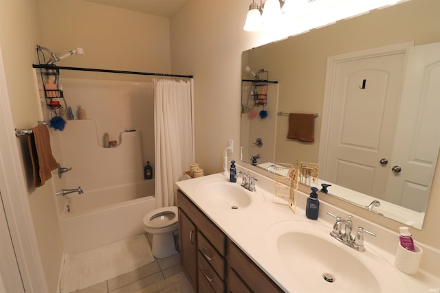 3244 Ashdon Dr, Newburgh, IN 47630 - full bathroom with toilet, shower / bath combo, double vanity, and tile patterned floors