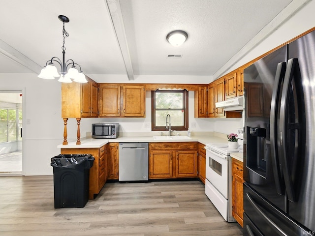 5200 N Leslie Dr, Muncie, IN 47304 - kitchen with appliances with stainless steel finishes, a sink, under cabinet range hood, brown cabinetry, and beam ceiling