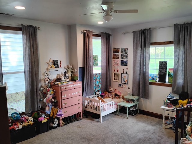 3417 Parkway S Dr, Indianapolis, IN 46201 - carpeted bedroom with ceiling fan and recessed lighting