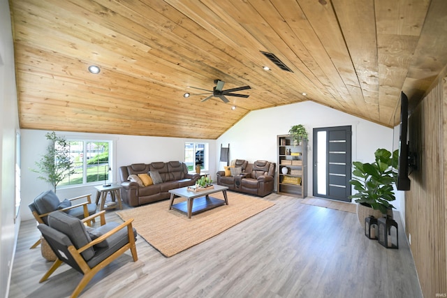 11721 N Elm Grove Dr, Syracuse, IN 46567 - living room with wooden ceiling, lofted ceiling, wood finished floors, ceiling fan, and recessed lighting