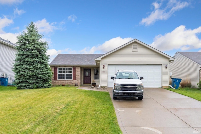 4736 Anglers Ln, Fort Wayne, IN 46808 - single story home with concrete driveway, an attached garage, a front lawn, and brick siding