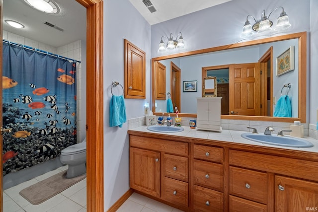 4705 Haven Ct, West Lafayette, IN 47906 - bathroom featuring double vanity, tile patterned flooring, toilet, and a shower with curtain