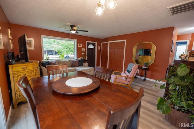 509 N Mckenzie St, Muncie, IN 47304 - dining room featuring a ceiling fan, light wood-type flooring, baseboards, and a textured ceiling