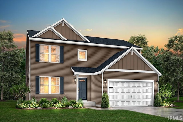 52070 Olympus Pass, Granger, IN 46530 - view of front of home with board and batten siding, a shingled roof, a front lawn, and a garage