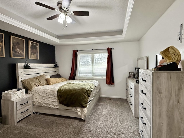 310 Main St, Lagro, IN 46941 - bedroom featuring a tray ceiling, carpet, ceiling fan, a textured ceiling, and baseboards