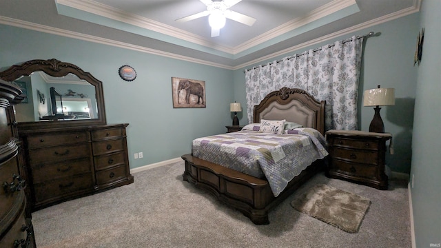 5728 Bell Tower Ln, Fort Wayne, IN 46815 - bedroom featuring a tray ceiling, carpet floors, crown molding, baseboards, and a ceiling fan