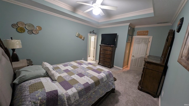 5728 Bell Tower Ln, Fort Wayne, IN 46815 - bedroom featuring light colored carpet, a raised ceiling, crown molding, and ceiling fan